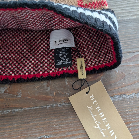 Burberry Tan and Red Nova Check Knit Beanie with Black & White Stripe Cuff - Picture 3 of 3